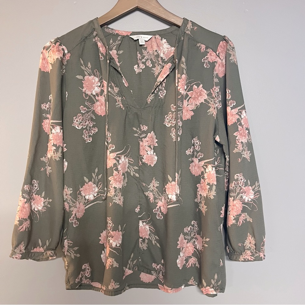 Lucky Brand | Green & Pink Floral Blouse (L)
